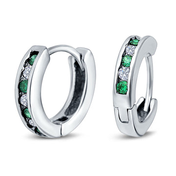 Eternity Huggie Hoop Earrings Channel Round Simulated Green Emerald Cubic Zirconia 925 Sterling Silver